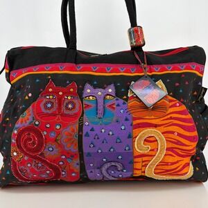 Laurel Burch Duffel Bag Cat Applique Embroidered Canvas Travel Artsy Folk Art